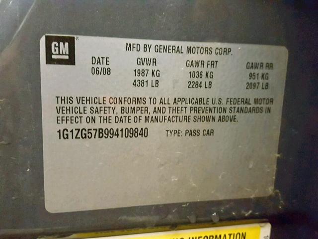 1G1ZG57B994109840 - 2009 CHEVROLET MALIBU LS GRAY photo 10