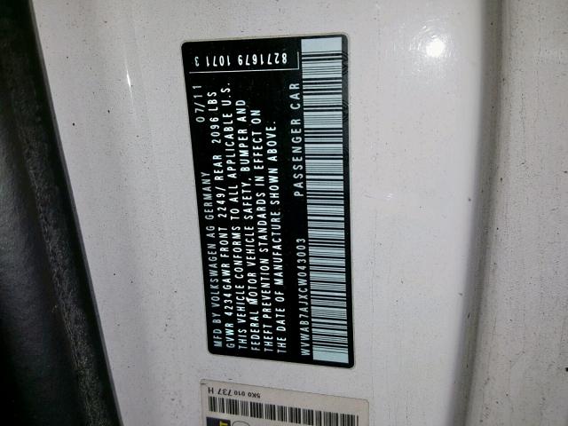 WVWAB7AJXCW043003 - 2012 VOLKSWAGEN GOLF 白色 照片 10