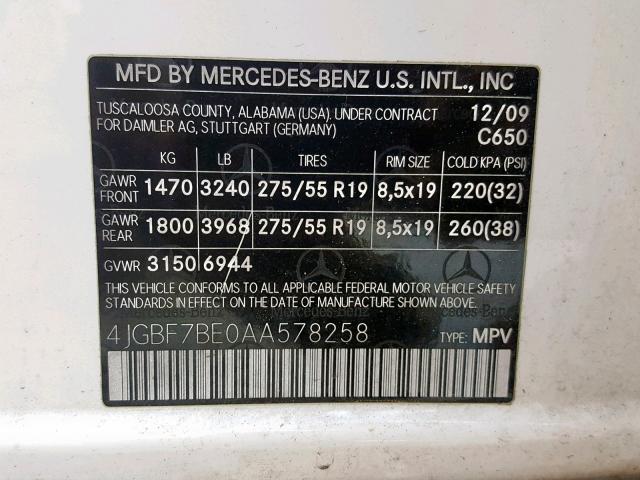 4JGBF7BE0AA578258 - 2010 MERCEDES-BENZ GL 450 4MA WHITE photo 10