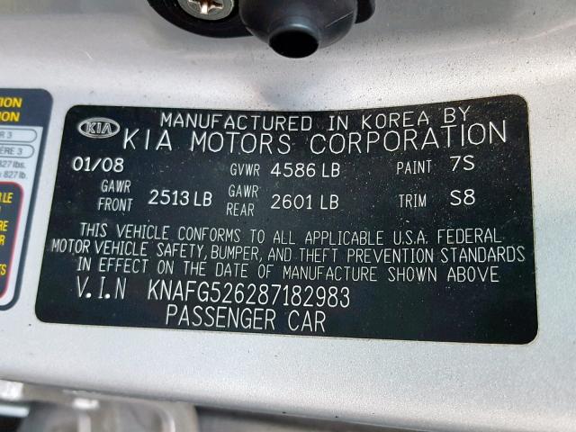 KNAFG526287182983 - 2008 KIA RONDO LX SILVER photo 10