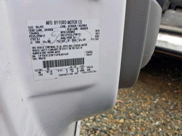 1FTRX12W15FB48169 - 2005 FORD F150 WHITE photo 10