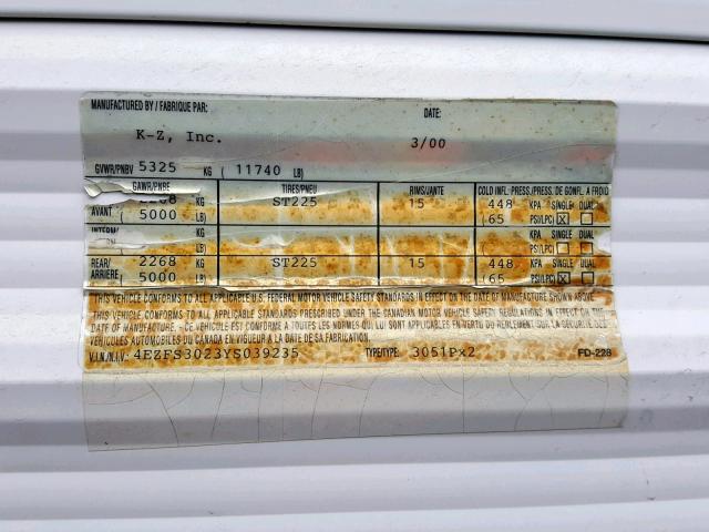 4EZFS3023YS039235 - 2000 SPRT TRAVEL TLR WHITE photo 10