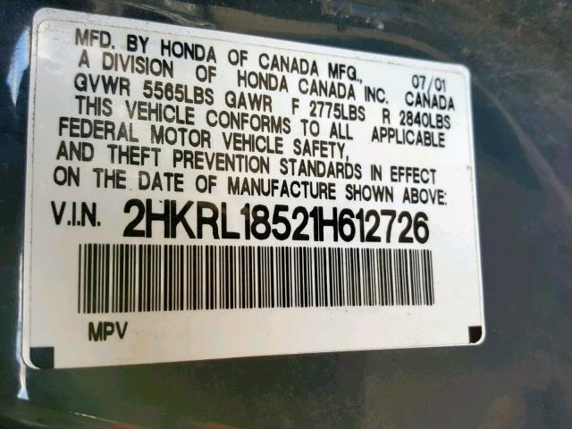 2HKRL18521H612726 - 2001 HONDA ODYSSEY LX GRAY photo 10