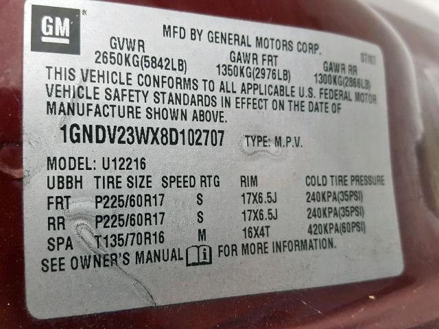 1GNDV23WX8D102707 - 2008 CHEVROLET UPLANDER L MAROON photo 10