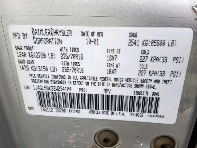 1J4GL58K32W234104 - 2002 JEEP LIBERTY LI SILVER photo 10