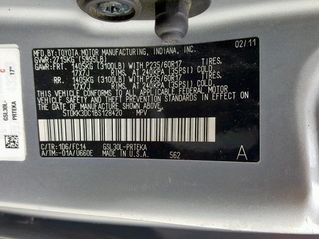 5TDKK3DC1BS128420 - 2011 TOYOTA SIENNA LE SILVER photo 10