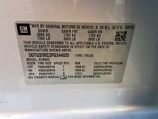 3GTU2VEC2FG344025 - 2015 GMC SIERRA K15 SILVER photo 10