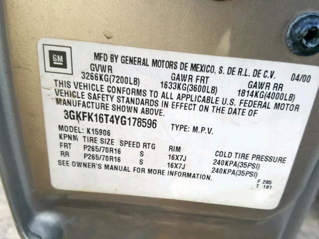 3GKFK16T4YG178596 - 2000 GMC YUKON XL K GOLD photo 10