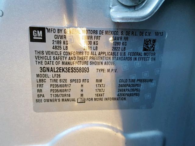 3GNAL2EK3ES558093 - 2014 CHEVROLET CAPTIVA LS 银色 照片 10