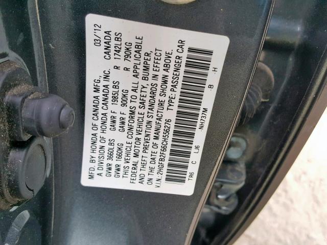 2HGFB2F66CH556276 - 2012 HONDA CIVIC HF GRAY photo 10