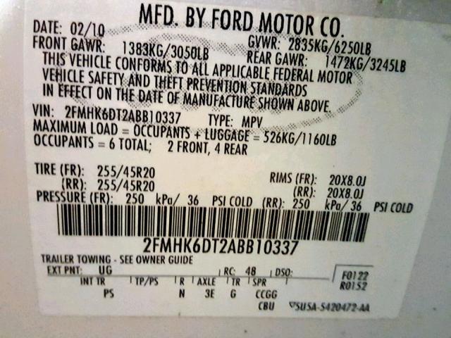 2FMHK6DT2ABB10337 - 2010 FORD FLEX LIMIT WHITE photo 10