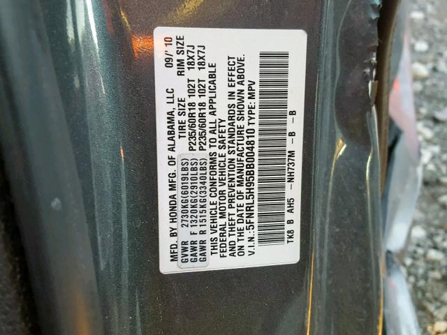 5FNRL5H95BB004810 - 2011 HONDA ODYSSEY TO GRAY photo 10