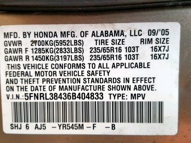 5FNRL38436B404833 - 2006 HONDA ODYSSEY EX BEIGE photo 10