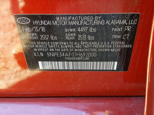 5NPE34AF0JH692000 - 2018 HYUNDAI SONATA SPO RED photo 10