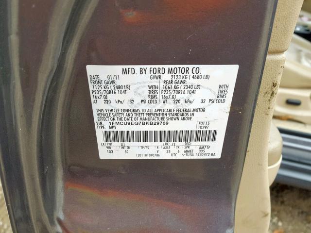 1FMCU9EG7BKB29769 - 2011 FORD ESCAPE LIM GRAY photo 10