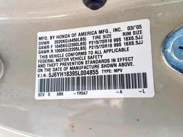 5J6YH18395L004855 - 2005 HONDA ELEMENT LX Bej foto 10