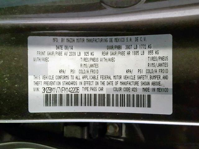 3MZBM1V7XFM142206 - 2015 MAZDA 3 TOURING GRAY photo 10