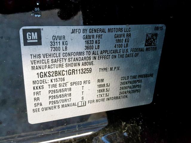 1GKS2BKC1GR113259 - 2016 GMC YUKON SLT BLACK photo 10