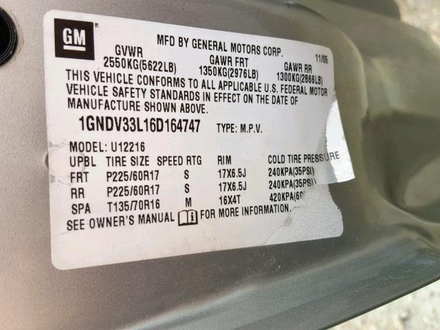 1GNDV33L16D164747 - 2006 CHEVROLET UPLANDER L Gümüş foto 10