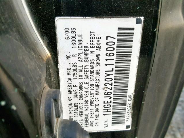 1HGEJ6220YL116007 - 2000 HONDA CIVIC DX BLACK photo 10