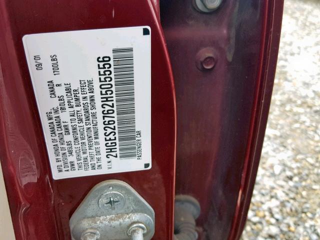 2HGES26762H505556 - 2002 HONDA CIVIC EX MAROON photo 10