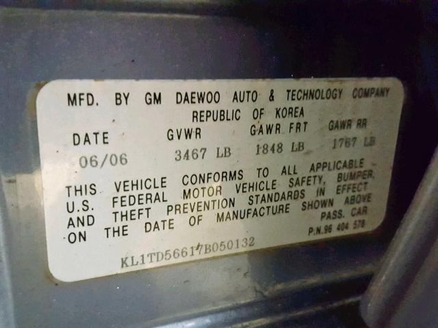 KL1TD56617B050132 - 2007 CHEVROLET AVEO BASE Көк фото 10