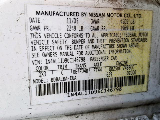 1N4AL11D96C146798 - 2006 NISSAN ALTIMA S WHITE photo 10