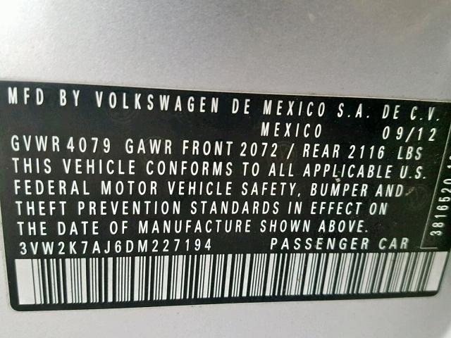 3VW2K7AJ6DM227194 - 2013 VOLKSWAGEN JETTA BASE 灰色 照片 10