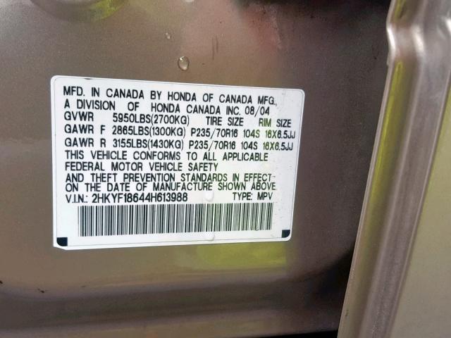 2HKYF18644H613988 - 2004 HONDA PILOT EXL ოქროსფერი ფოტო 10