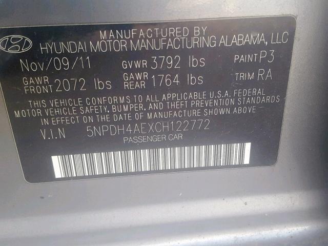 5NPDH4AEXCH122772 - 2012 HYUNDAI ELANTRA GL GRAY photo 10