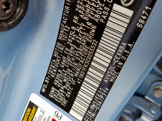 4T1BD1FK3CU055532 - 2012 TOYOTA CAMRY HYBR 蓝色 照片 10