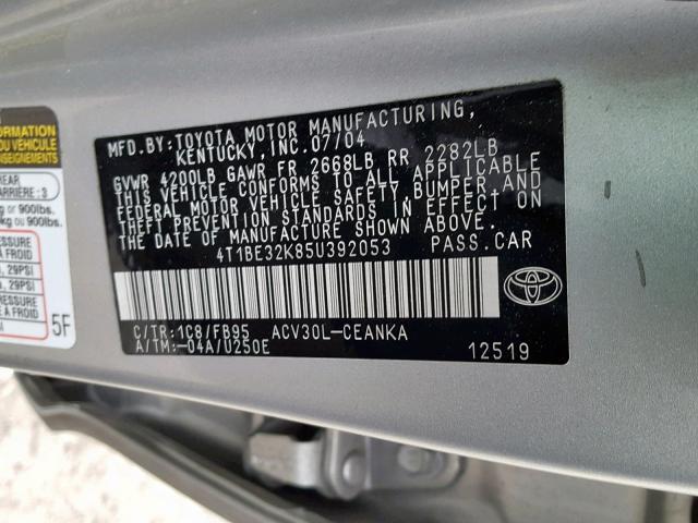 4T1BE32K85U392053 - 2005 TOYOTA CAMRY LE SILVER photo 10