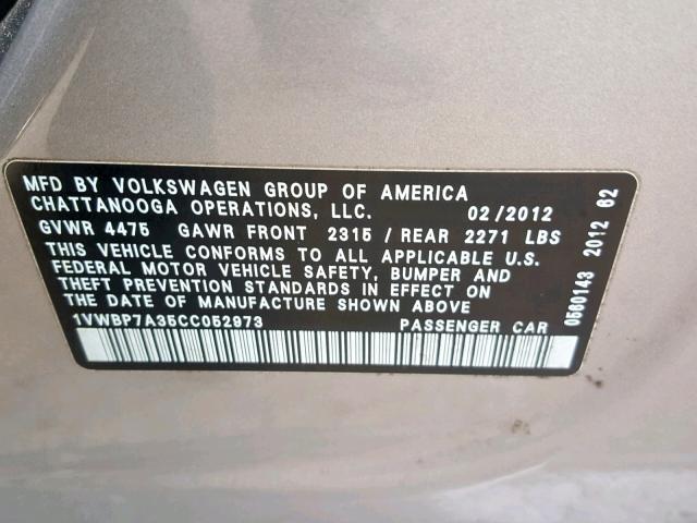 1VWBP7A35CC052973 - 2012 VOLKSWAGEN PASSAT SE SILVER photo 10