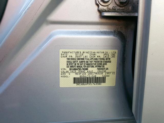 3N1AB6AP3CL763380 - 2012 NISSAN SENTRA 2.0 SILVER photo 10