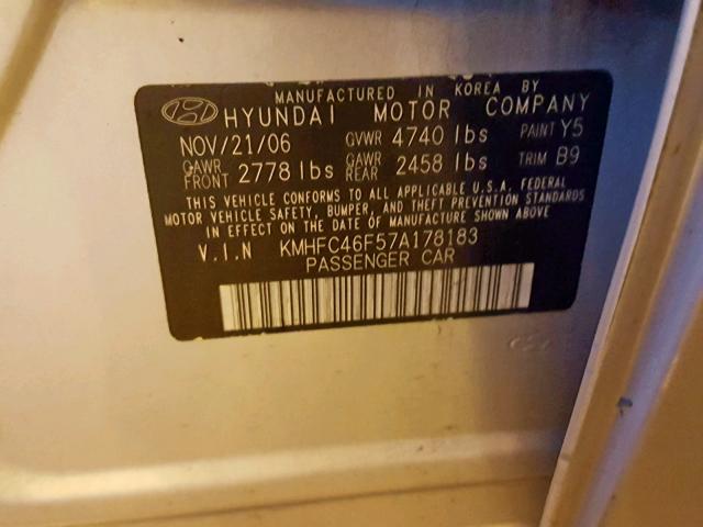 KMHFC46F57A178183 - 2007 HYUNDAI AZERA SE SILVER photo 10