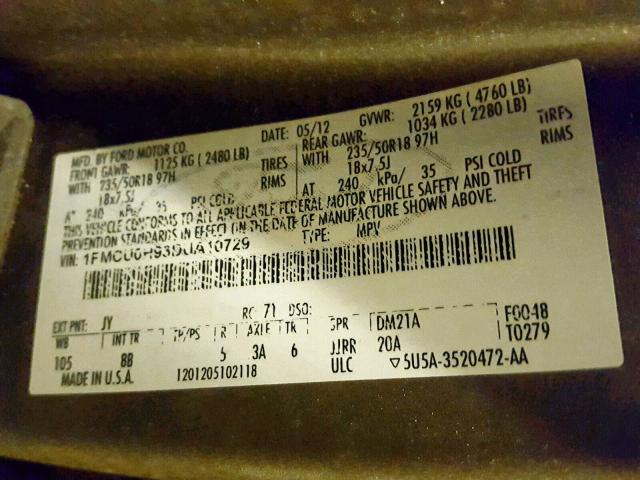 1FMCU0H93DUA10729 - 2013 FORD ESCAPE SEL 绿色 照片 10