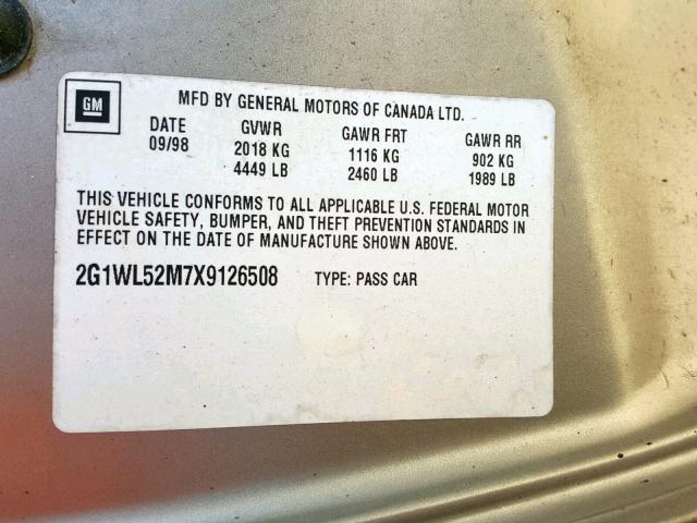 2G1WL52M7X9126508 - 1999 CHEVROLET LUMINA BAS GRAY photo 10