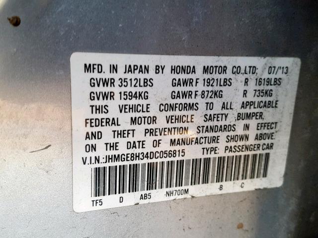 JHMGE8H34DC056815 - 2013 HONDA FIT SILVER photo 10