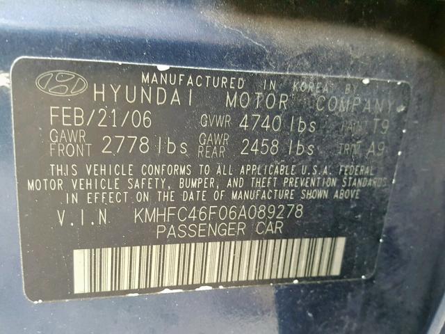 KMHFC46F06A089278 - 2006 HYUNDAI AZERA SE BLUE photo 10