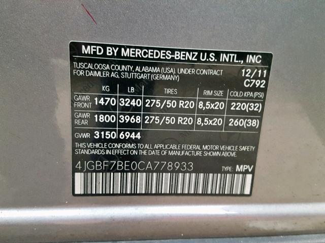 4JGBF7BE0CA778933 - 2012 MERCEDES-BENZ GL 450 4MA SILVER photo 10