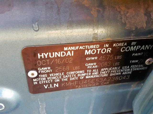 KMHFU45E53A238043 - 2003 HYUNDAI XG 350 BLUE photo 10