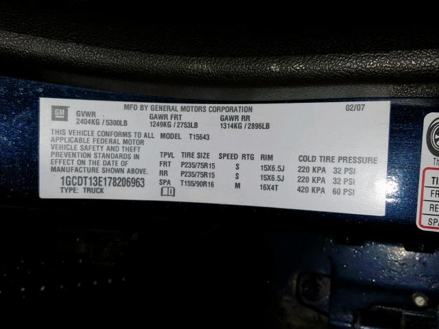 1GCDT13E178206963 - 2007 CHEVROLET COLORADO BLUE photo 10