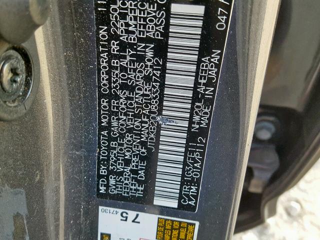 JTDKB20U883347412 - 2008 TOYOTA PRIUS Noir photo 10