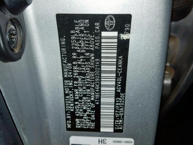 4T1BE46K39U302149 - 2009 TOYOTA CAMRY BASE SILVER photo 10