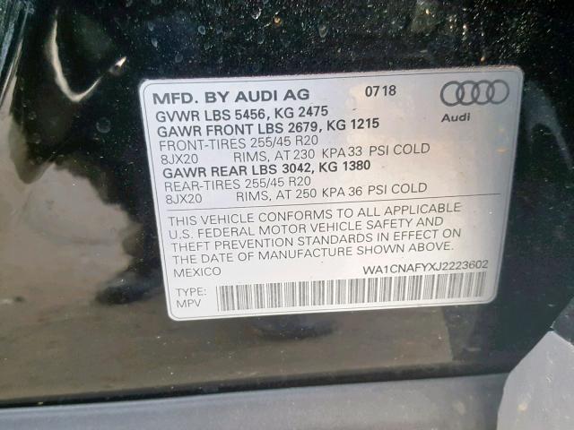 WA1CNAFYXJ2223602 - 2018 AUDI Q5 PRESTIG BLACK photo 10