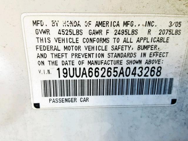 19UUA66265A043268 - 2005 ACURA TL WHITE photo 10