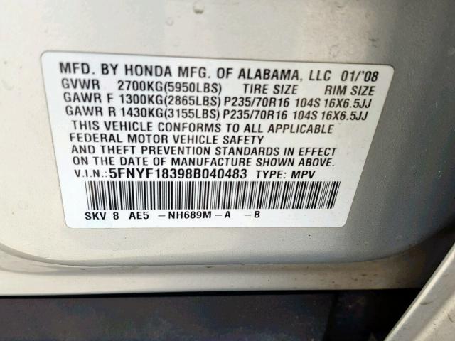 5FNYF18398B040483 - 2008 HONDA PILOT SE SILVER photo 10