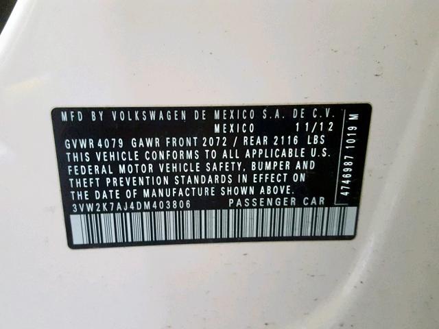 3VW2K7AJ4DM403806 - 2013 VOLKSWAGEN JETTA BASE Սպիտակ լուսանկար 10