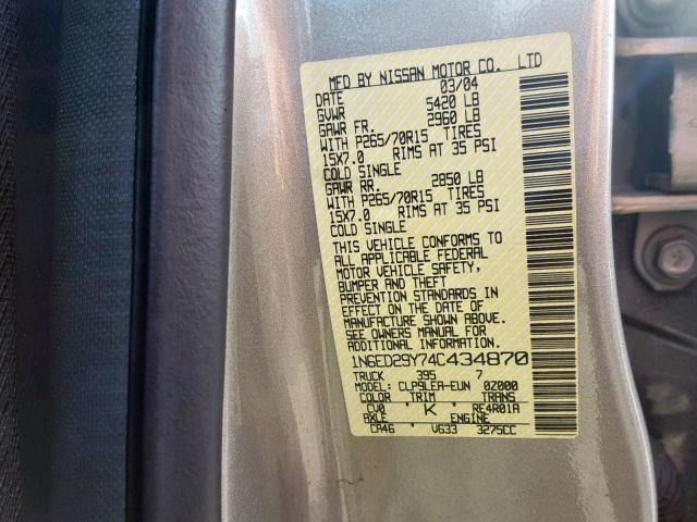 1N6ED29Y74C434870 - 2004 NISSAN FRONTIER C SILVER photo 10