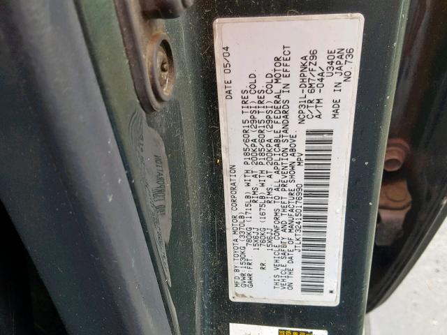 JTLKT324150176990 - 2005 TOYOTA SCION XB GREEN photo 10